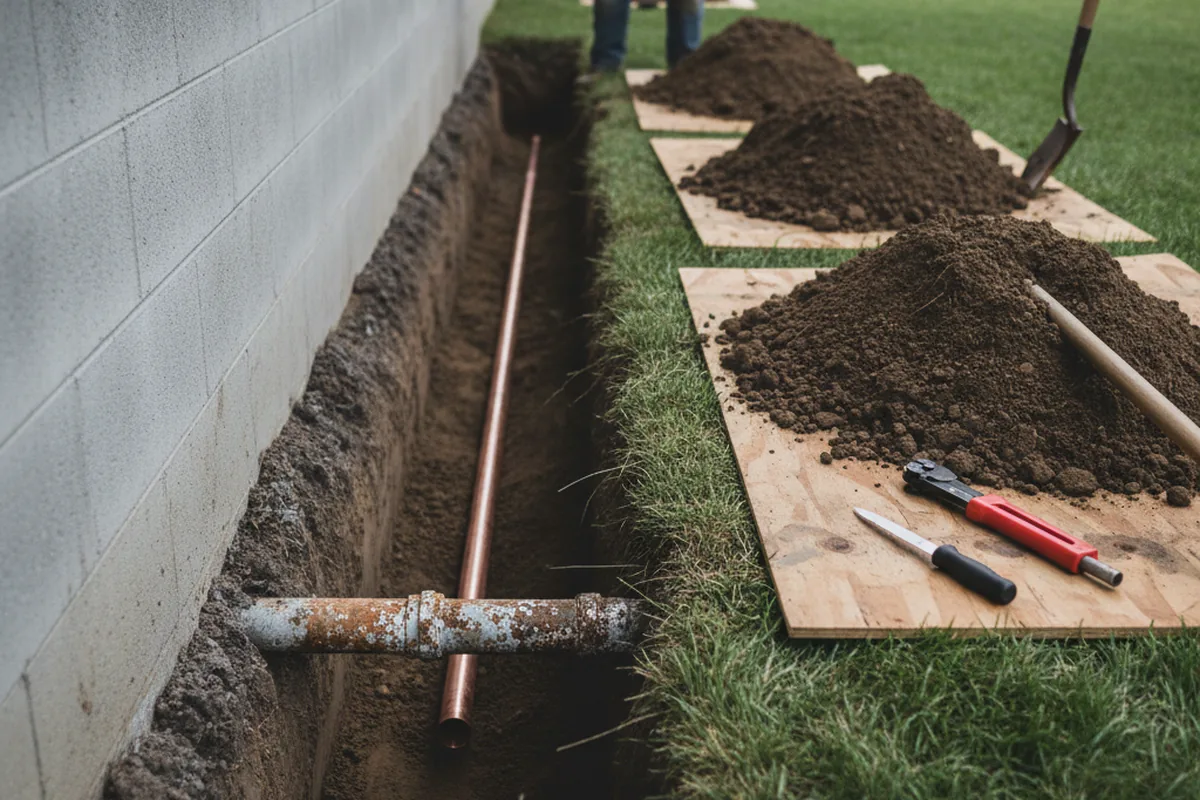 Excavated water line trench during Water Softener Installation in Marlborough